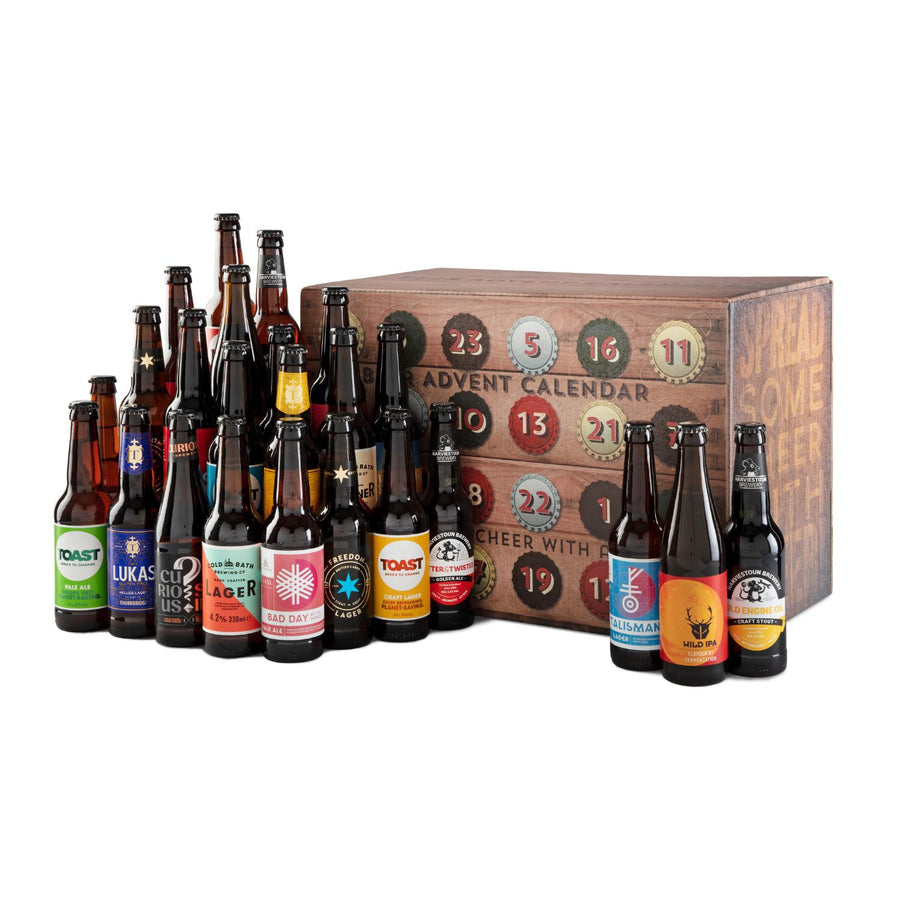 The Craft Beer Advent Calendar 2022, featuring craft beers from across the United Kingdom, including Harviestoun brewery, thornbridge brewery, toast ale.
