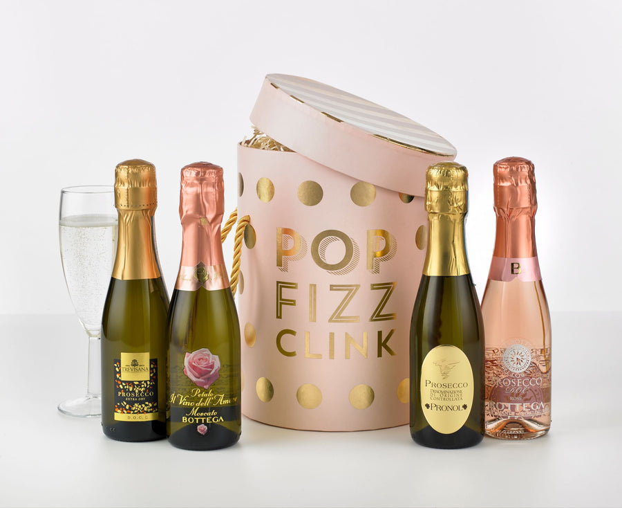 pop fizz clink prosecco hamper gift with pink prosecco and dry sparkling wine